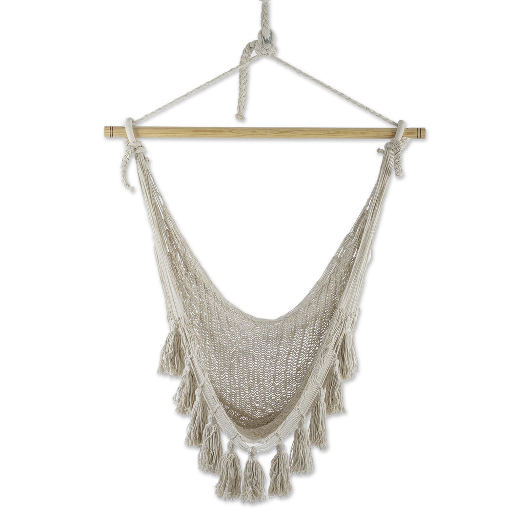 Tasseled Beige Cotton Rope Mayan Hammock Swing from Mexico - Ocean Seat in Ivory