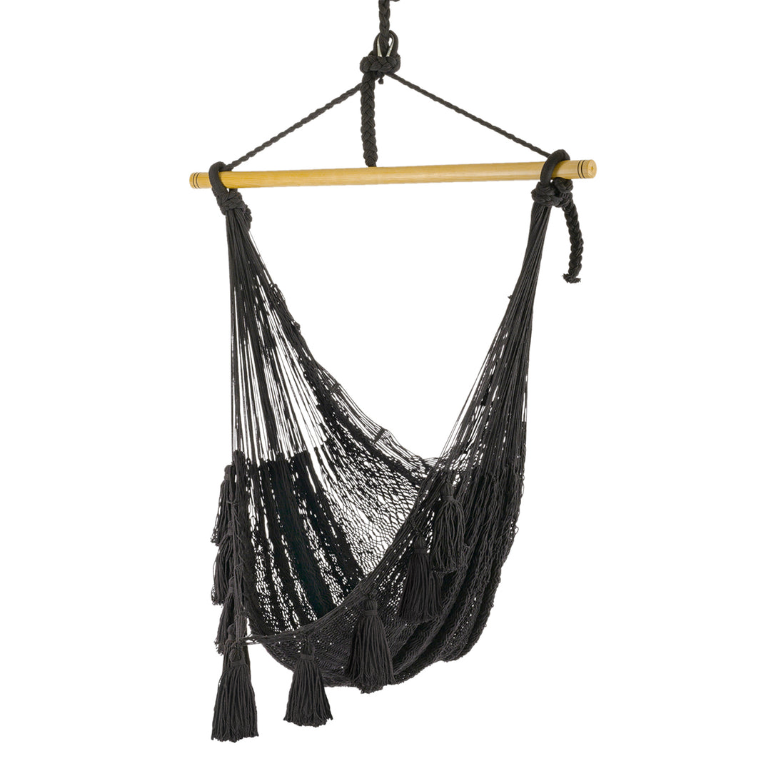 Tasseled Black Cotton Rope Mayan Hammock Swing - Ocean Seat in Black