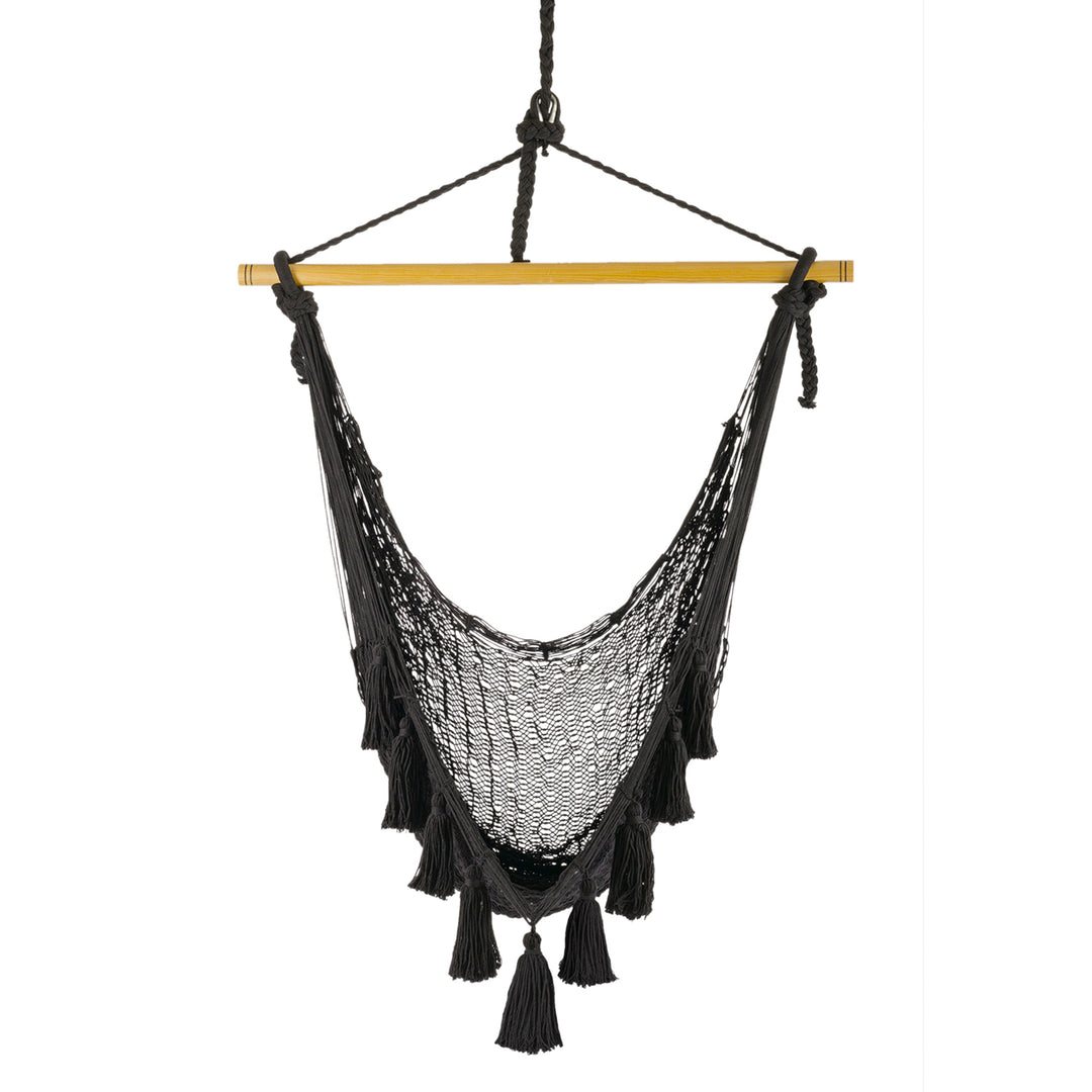 Tasseled Black Cotton Rope Mayan Hammock Swing - Ocean Seat in Black