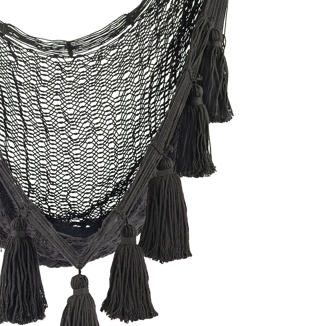 Tasseled Black Cotton Rope Mayan Hammock Swing - Ocean Seat in Black