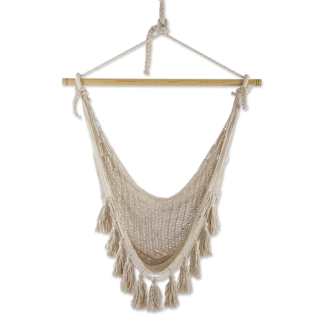 Ivory Tasseled Cotton Rope Mayan Hammock Swing from Mexico - Ocean Seat in Ivory