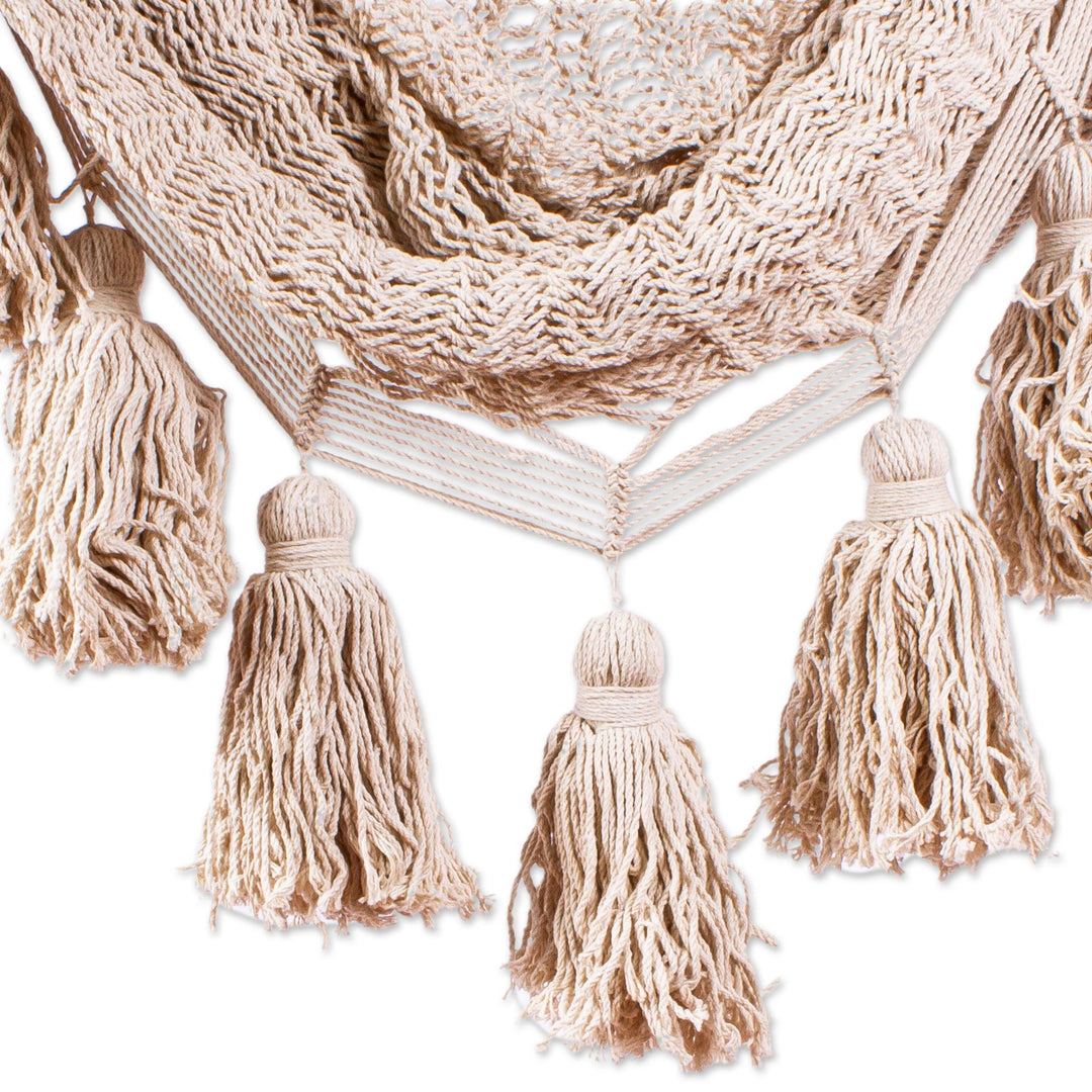 Ivory Tasseled Cotton Rope Mayan Hammock Swing from Mexico - Ocean Seat in Ivory