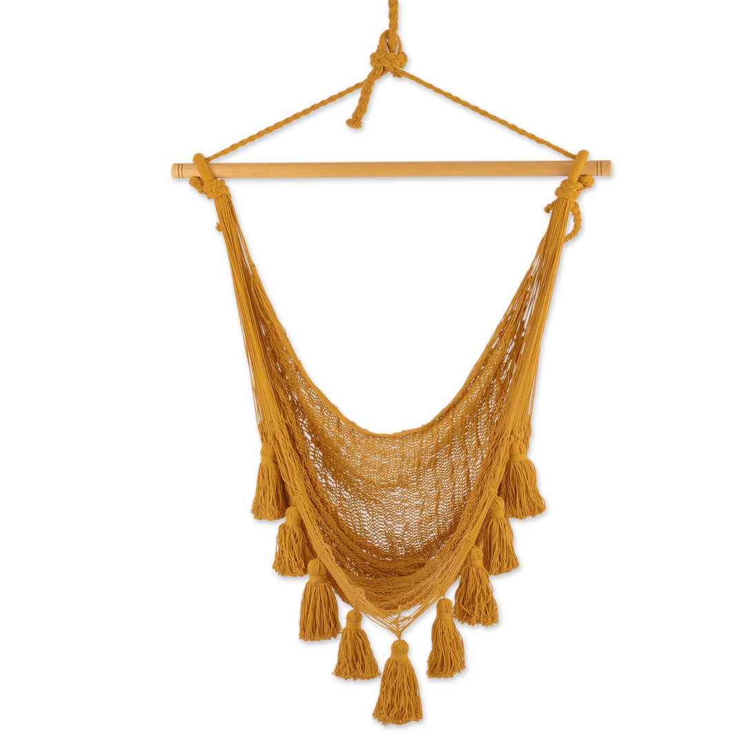 Honey Brown Tasseled Cotton Rope Mayan Hammock Swing - Ocean Seat in Warm Honey