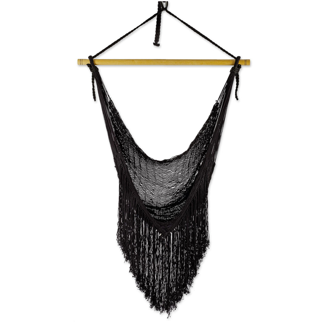 Black Fringed Cotton Rope Mayan Hammock Swing from Mexico - Sea Breezes in Black