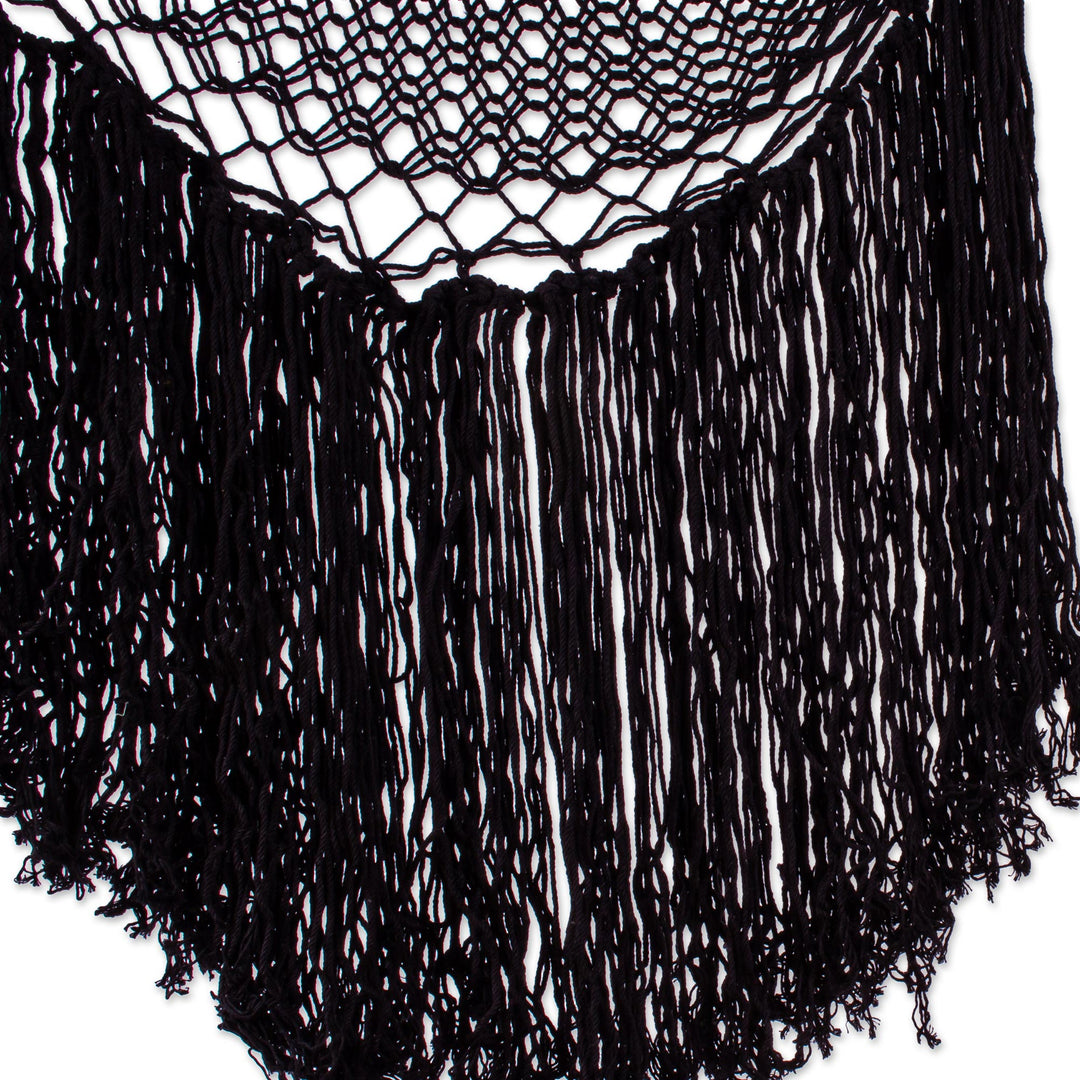 Black Fringed Cotton Rope Mayan Hammock Swing from Mexico - Sea Breezes in Black