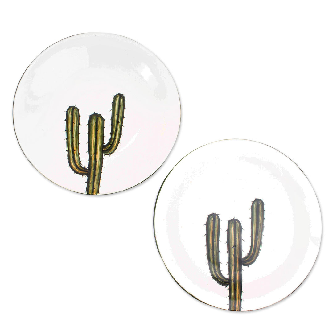 Cactus Motif Ceramic Dinner Plates (Pair) - Saguaro