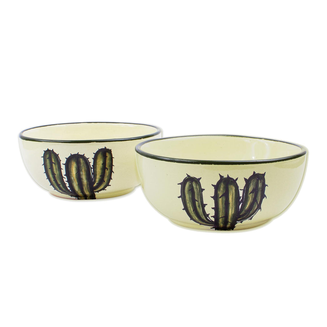 Majolica Style Ceramic Bowls with Cactus (Pair) - Saguaro