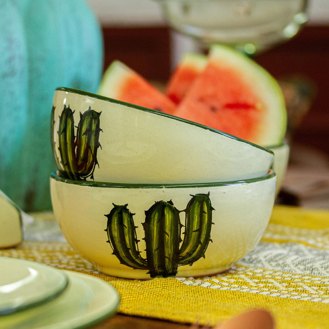 Majolica Style Ceramic Bowls with Cactus (Pair) - Saguaro