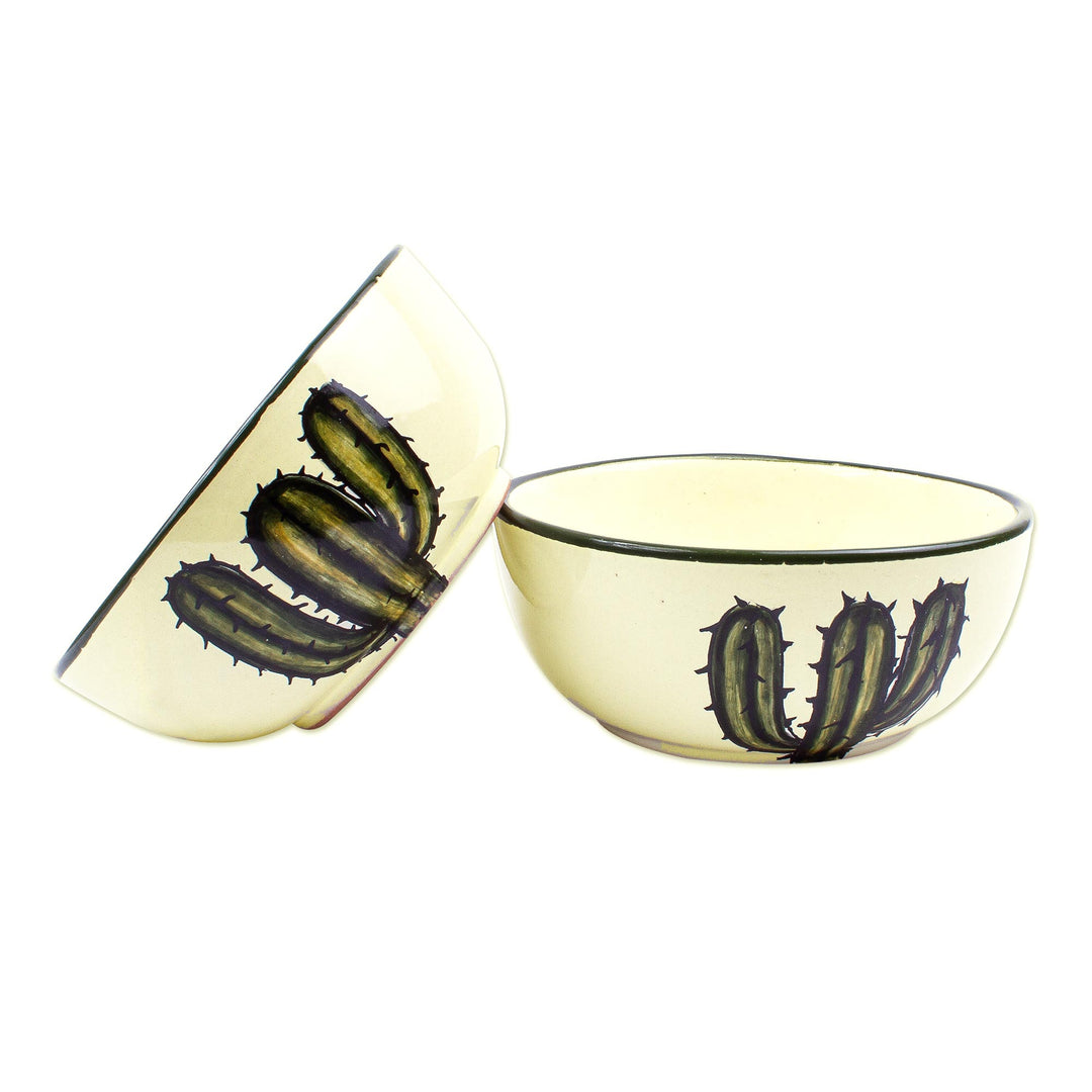 Majolica Style Ceramic Bowls with Cactus (Pair) - Saguaro