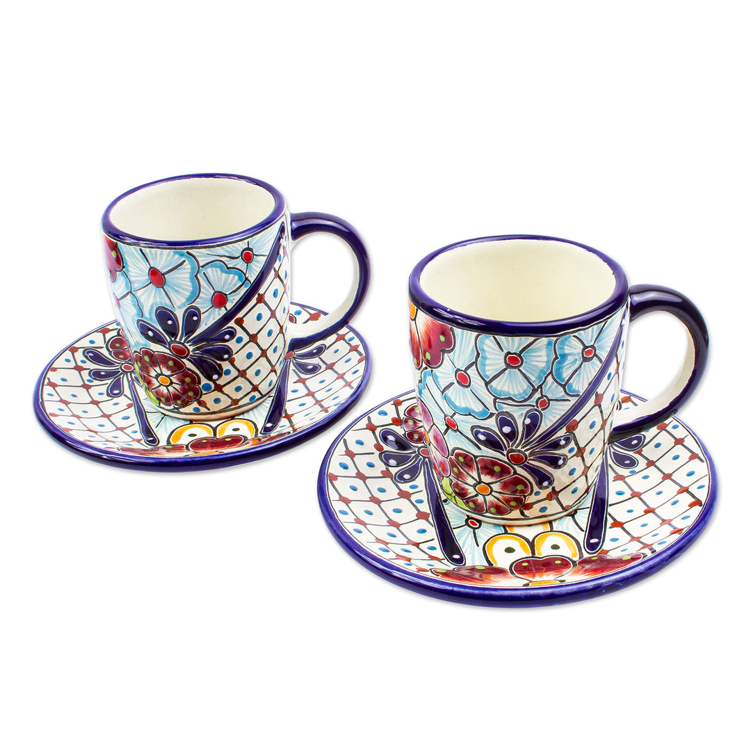 Talavera-Style Cups and Saucers (Pair) - Colors of Mexico