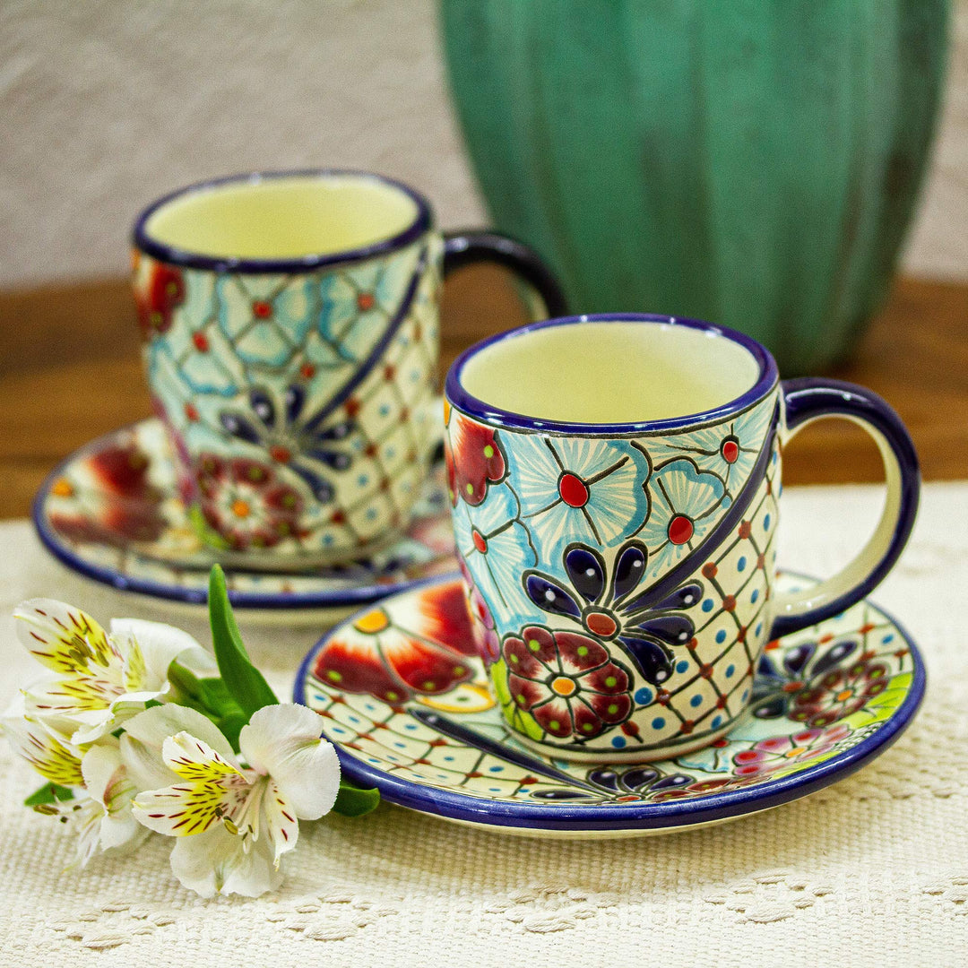 Talavera-Style Cups and Saucers (Pair) - Colors of Mexico