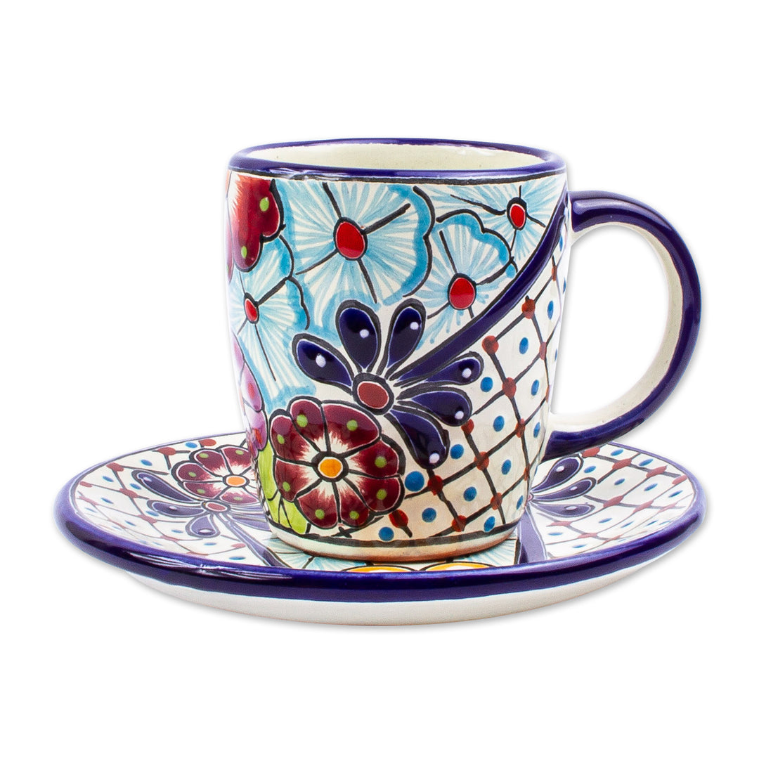 Talavera-Style Cups and Saucers (Pair) - Colors of Mexico