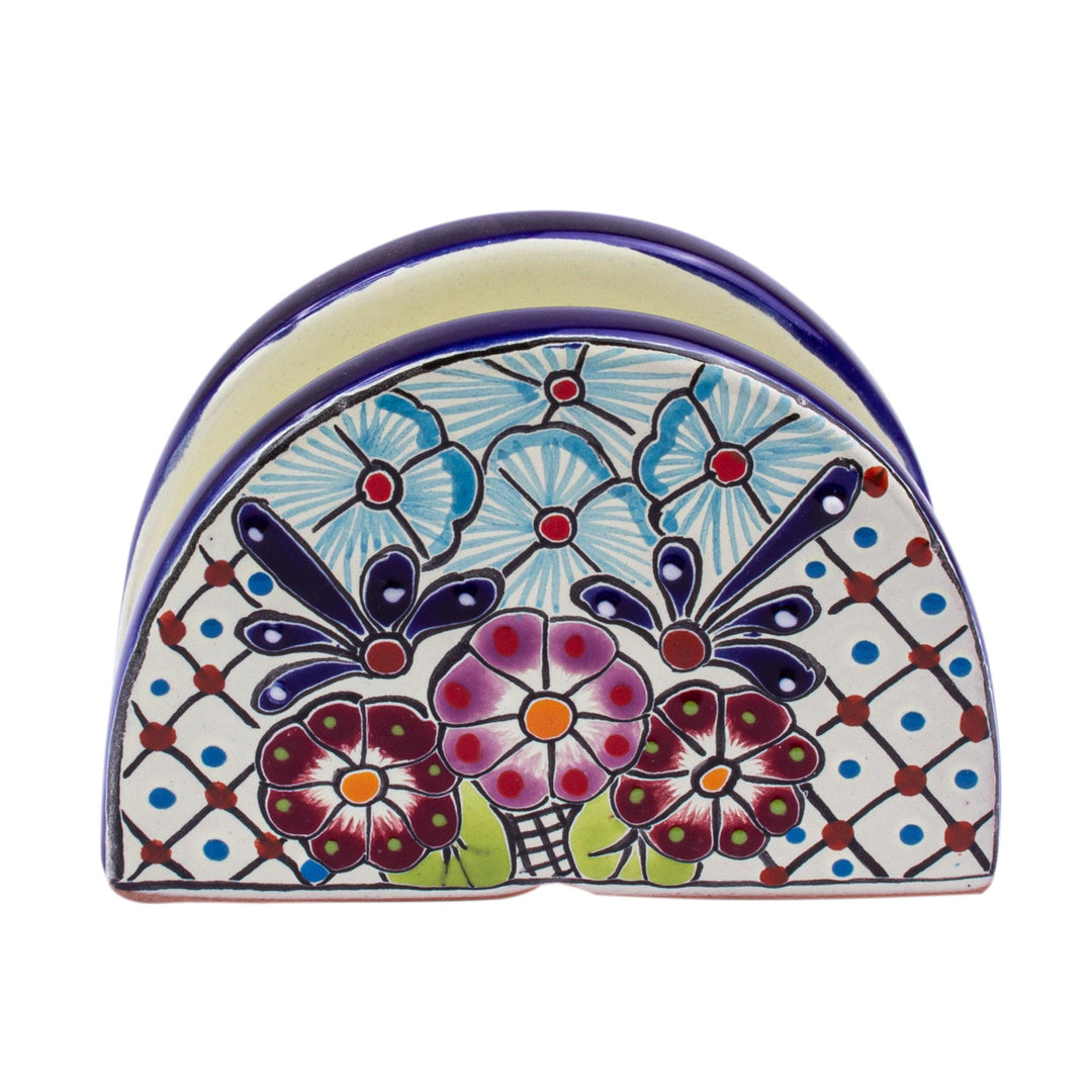 Majolica Ceramic Napkin Holder from Mexico - Traditional Flowers
