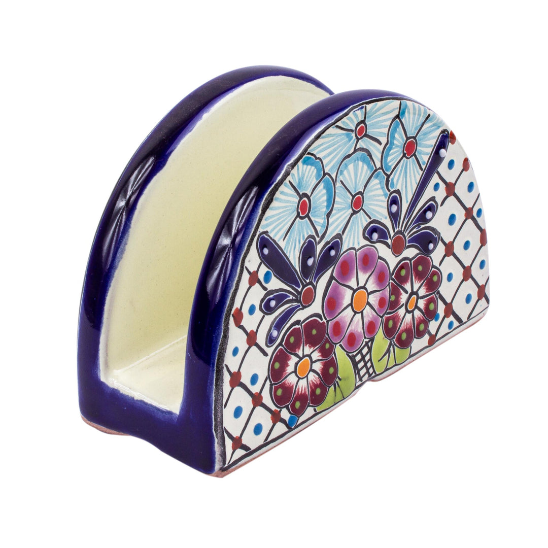 Majolica Ceramic Napkin Holder from Mexico - Traditional Flowers