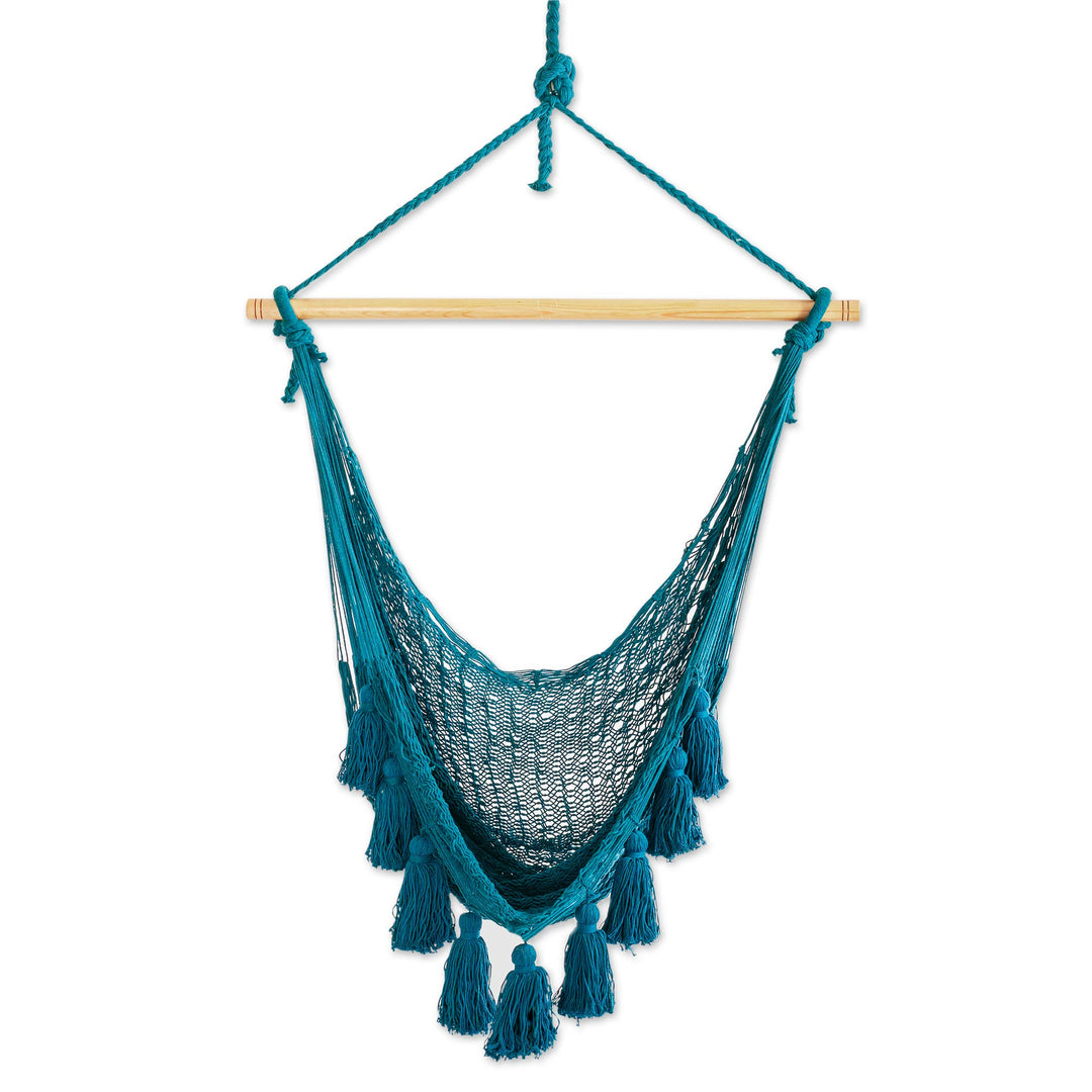 Tasseled Cotton Rope Mayan Hammock Swing in Teal from Mexico - Ocean Seat in Turquoise