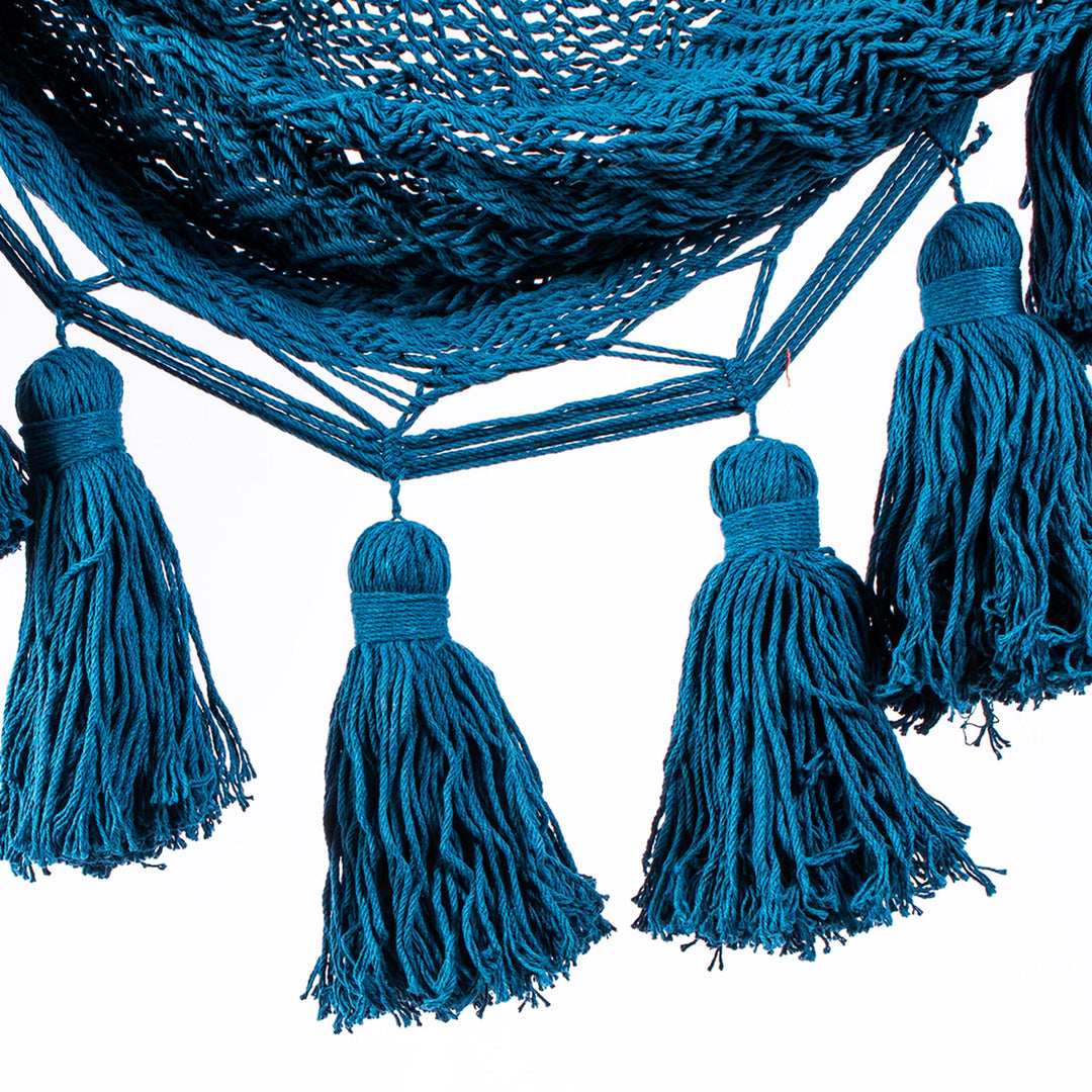 Tasseled Cotton Rope Mayan Hammock Swing in Teal from Mexico - Ocean Seat in Turquoise