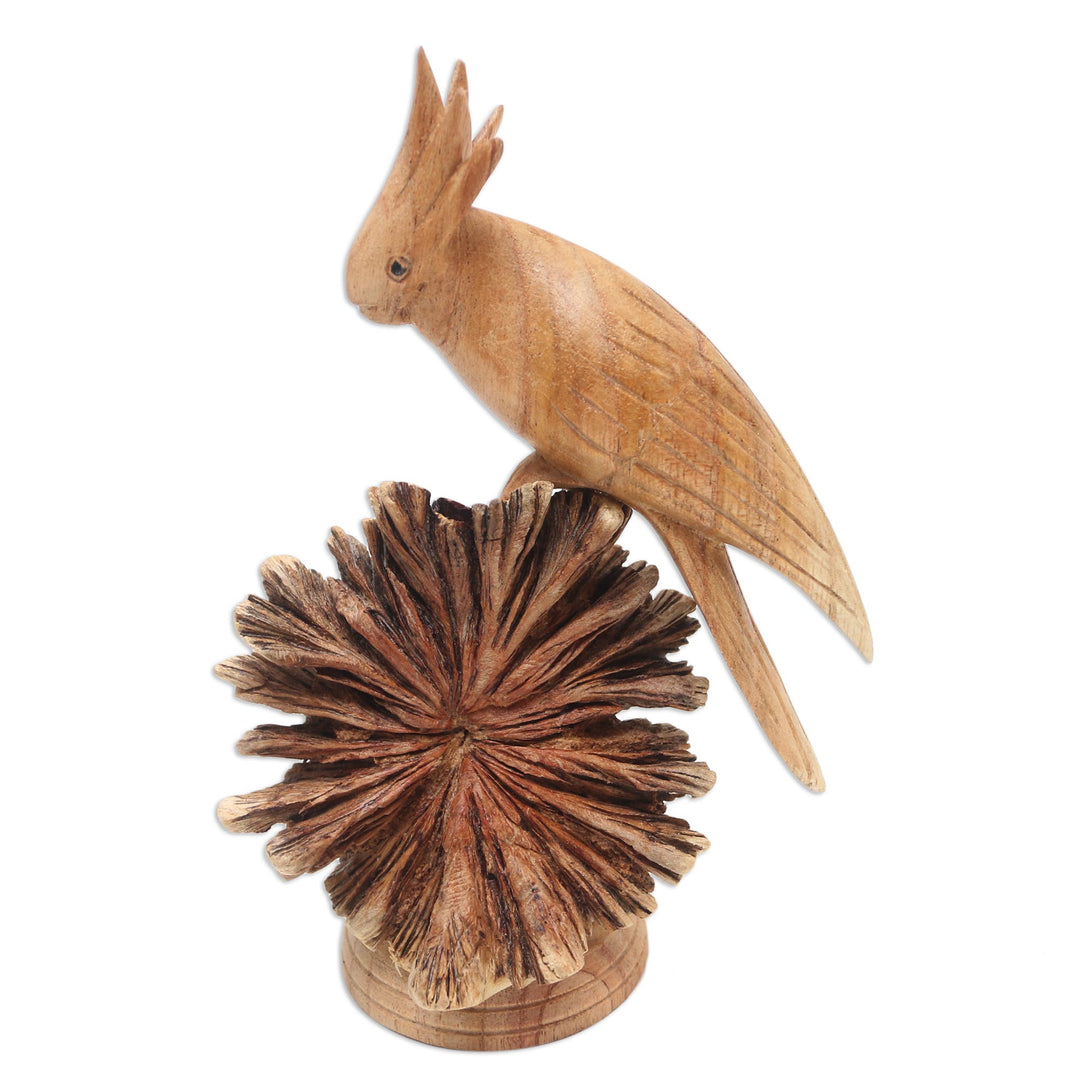 Hand Crafted Jempinis Wood Cockatoo Statuette - Single Cockatoo