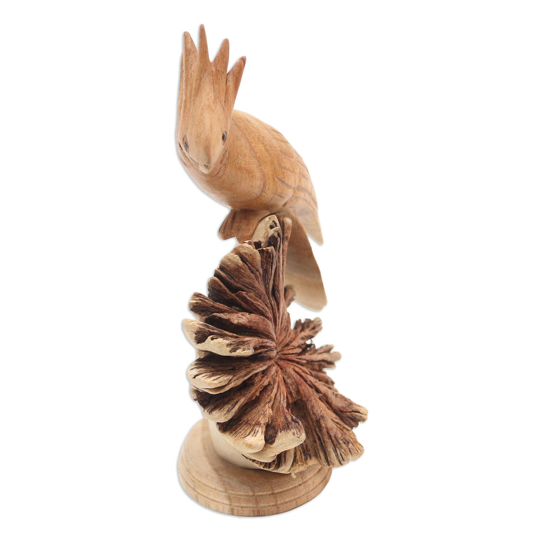 Hand Crafted Jempinis Wood Cockatoo Statuette - Single Cockatoo