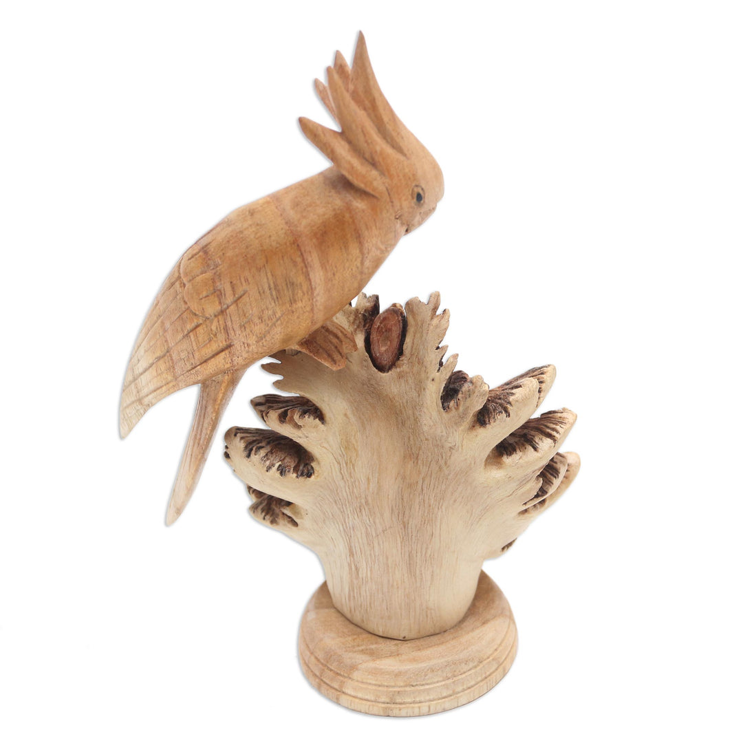 Hand Crafted Jempinis Wood Cockatoo Statuette - Single Cockatoo