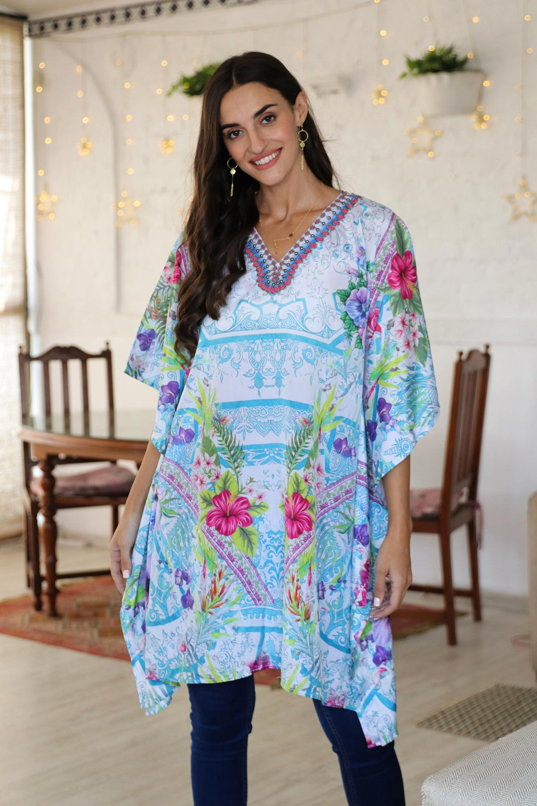 Glass Bead Embellished Caftan from India - Spring Smile
