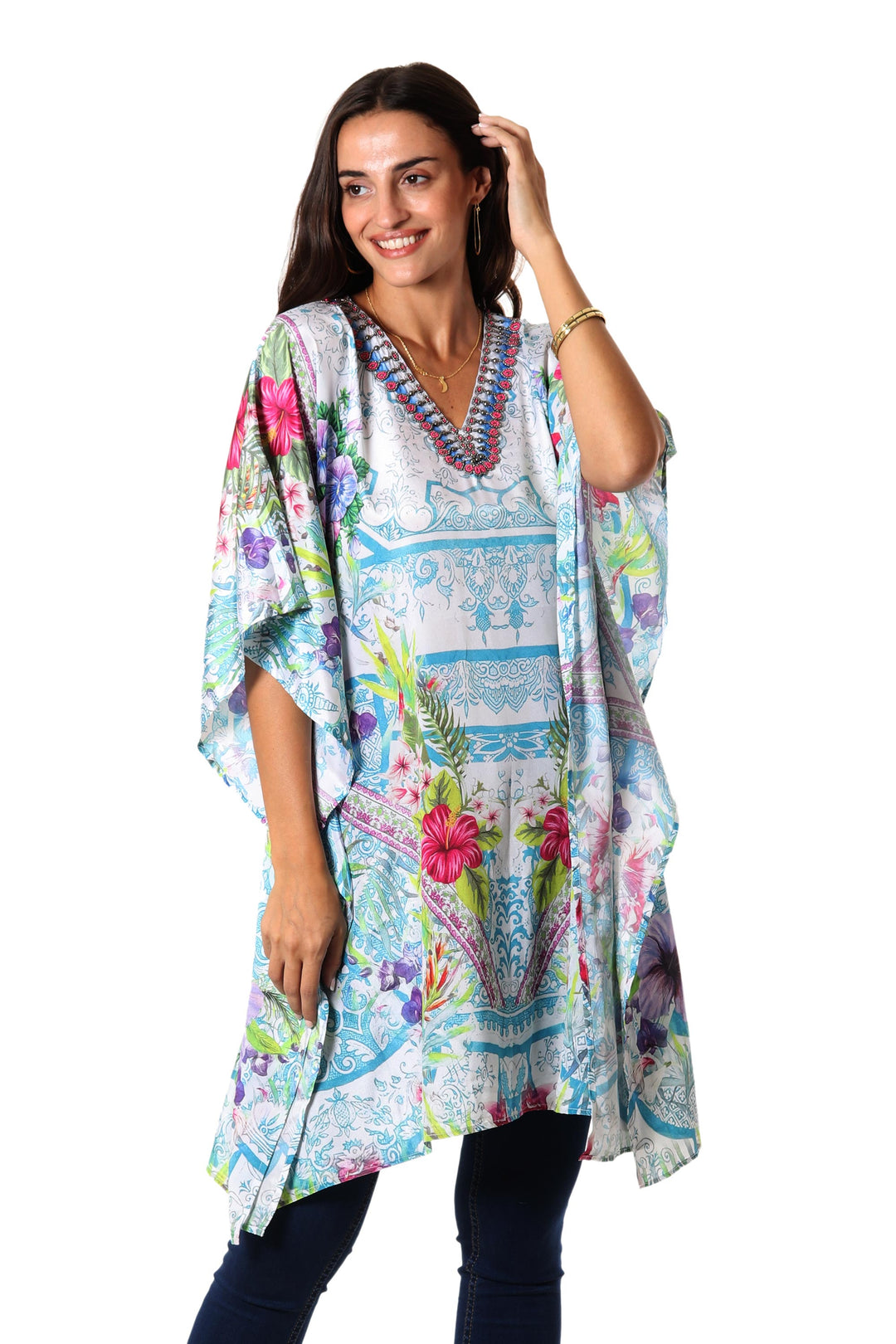 Glass Bead Embellished Caftan from India - Spring Smile