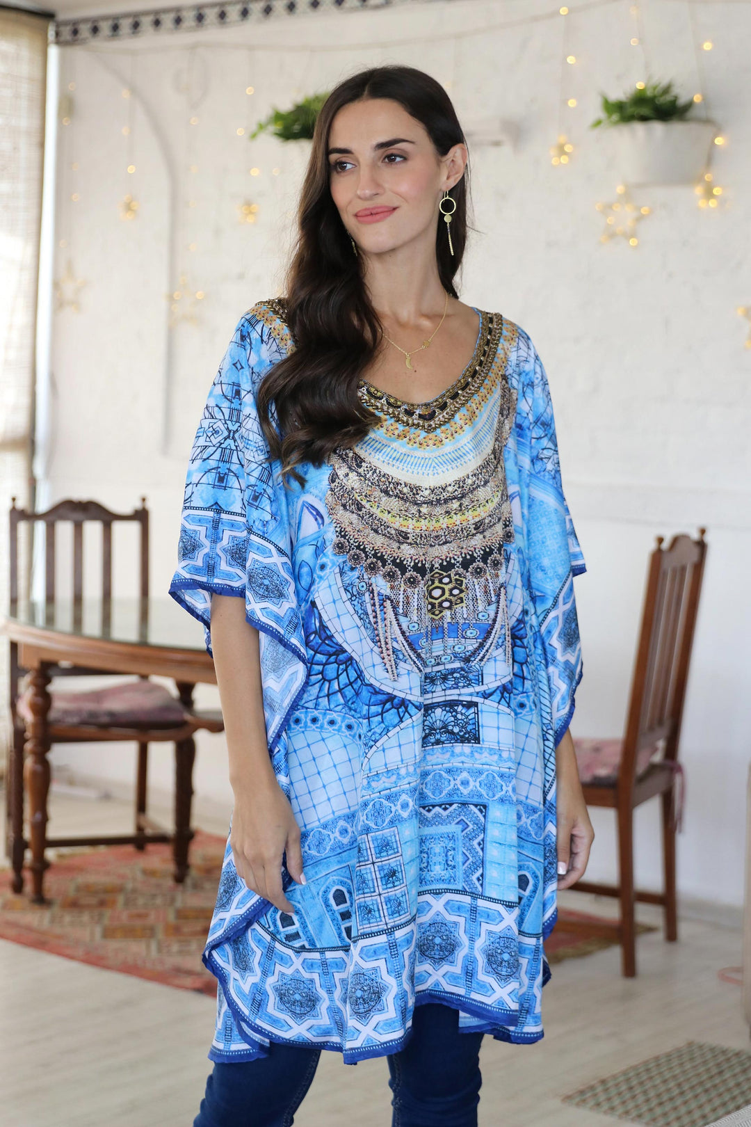 Blue Glass Beaded Caftan from India - Egyptian Beauty