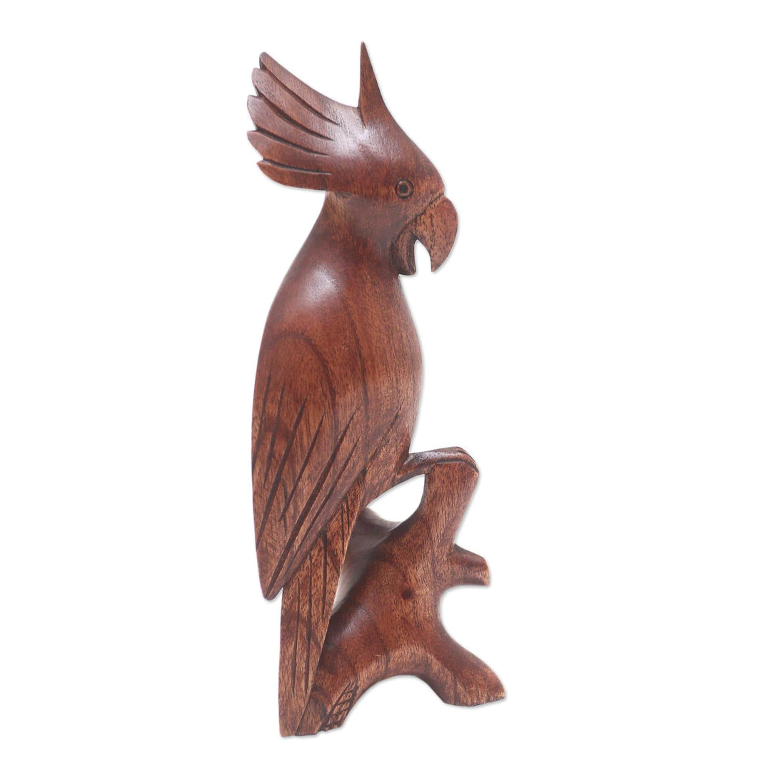 Hand Carved Suar Wood Cockatoo Statuette - Crested Cockatoo