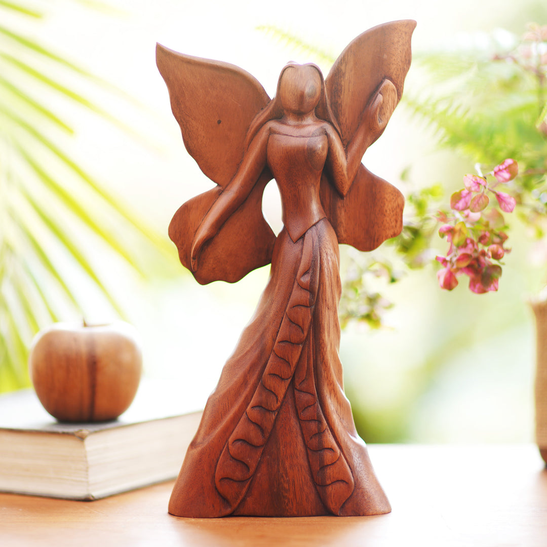 Hand Carved Suar Wood Fairy Statuette - Butterfly Queen