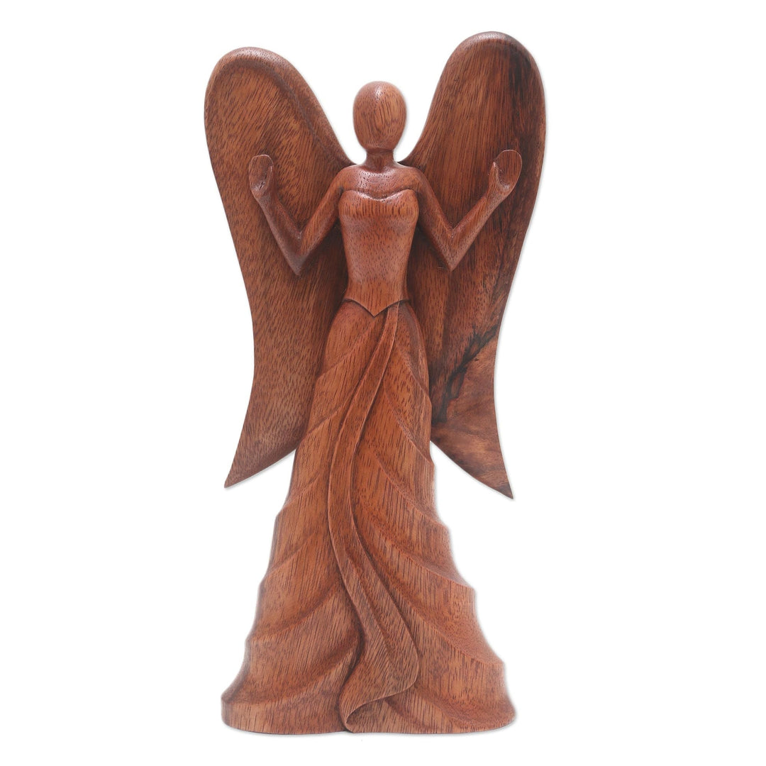 Hand Carved Suar Wood Angel Statuette - Angel in Heaven