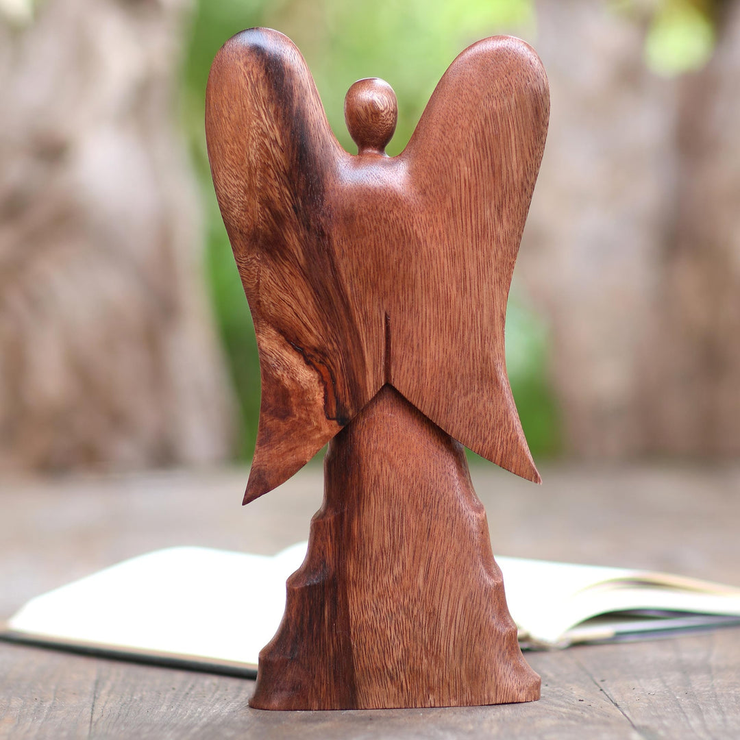 Hand Carved Suar Wood Angel Statuette - Angel in Heaven
