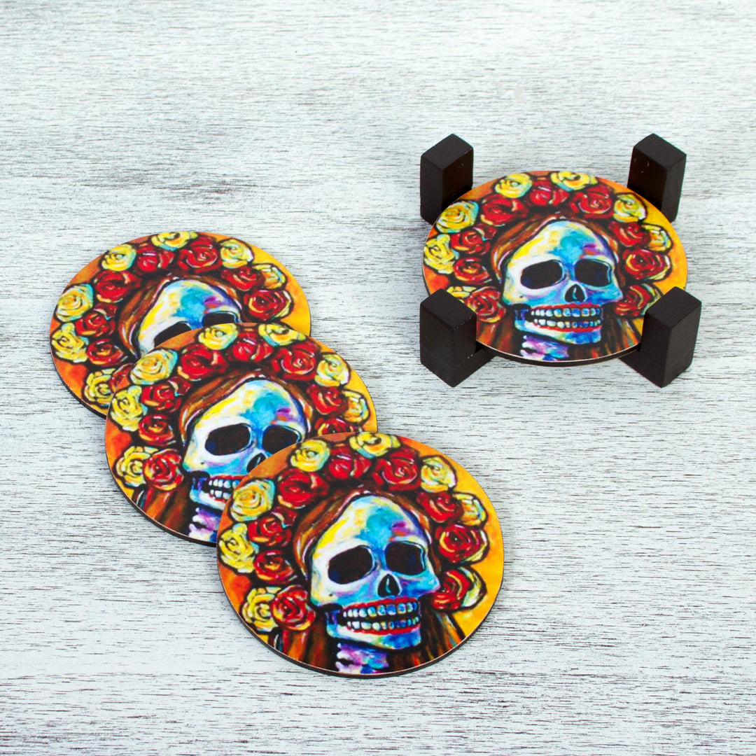 Pinewood Coasters with Base Skull (Set of 4) from Mexico - Skeleton Bride