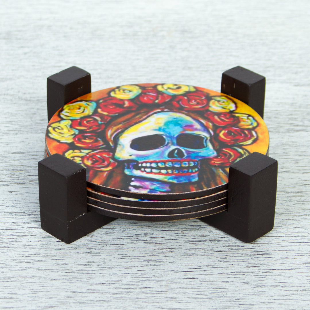 Pinewood Coasters with Base Skull (Set of 4) from Mexico - Skeleton Bride