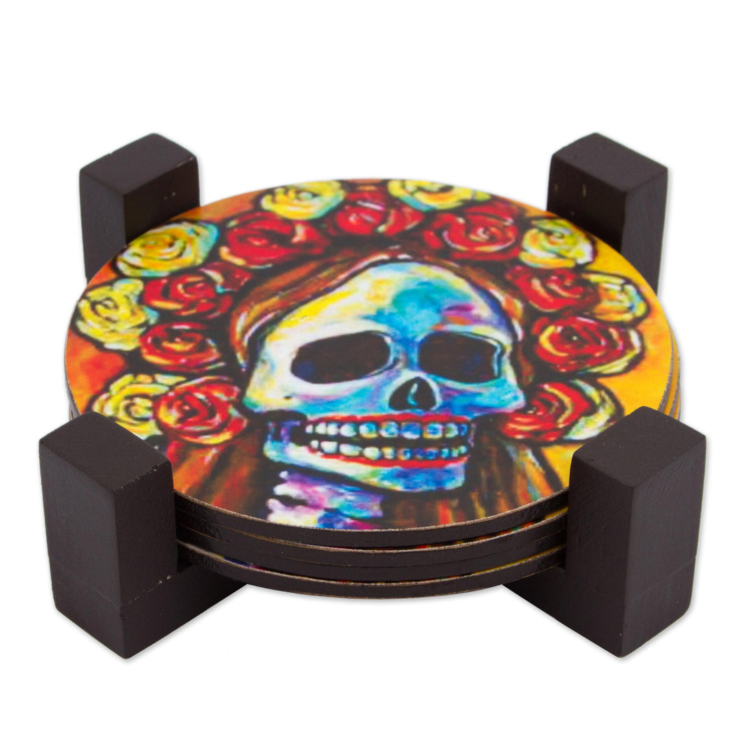 Pinewood Coasters with Base Skull (Set of 4) from Mexico - Skeleton Bride