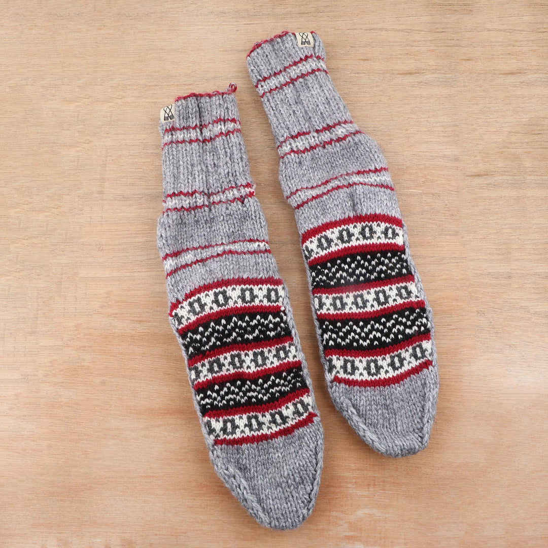 Thick Slipper Style Hand-Knit Calf-Length Grey Winter Socks - Winter Festivity