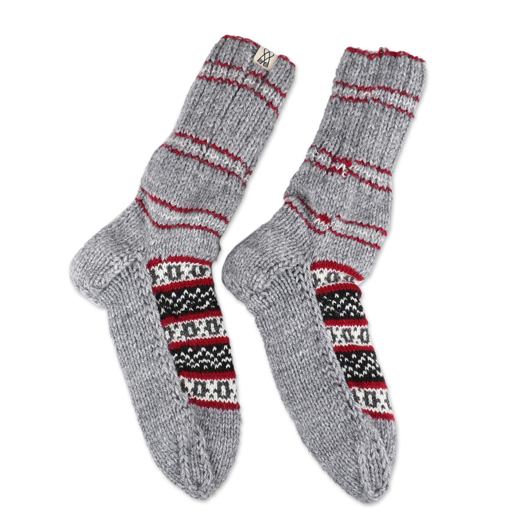 Thick Slipper Style Hand-Knit Calf-Length Grey Winter Socks - Winter Festivity