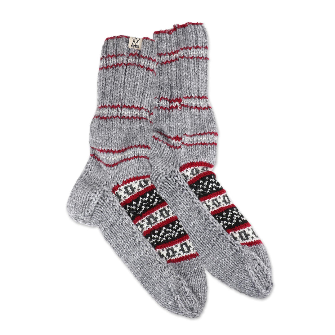 Thick Slipper Style Hand-Knit Calf-Length Grey Winter Socks - Winter Festivity