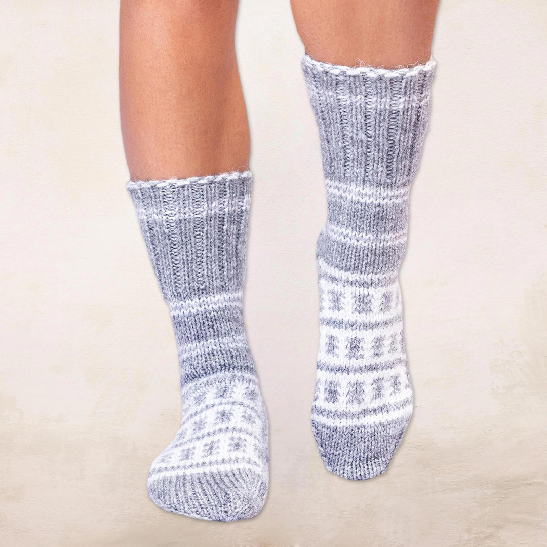 Fair Trade Hand-Knit Thick Slipper Style Grey & White Socks - Himalayan Stars