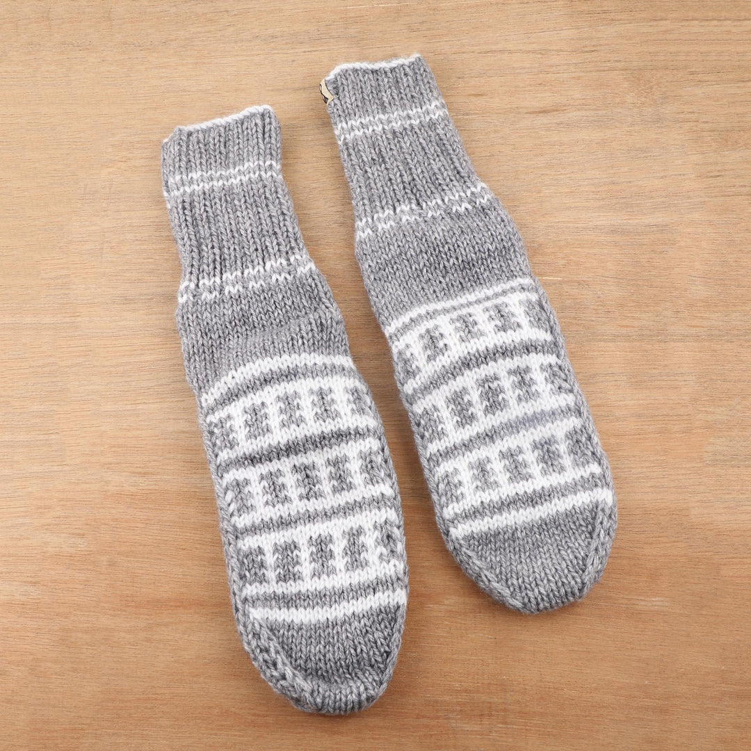 Fair Trade Hand-Knit Thick Slipper Style Grey & White Socks - Himalayan Stars