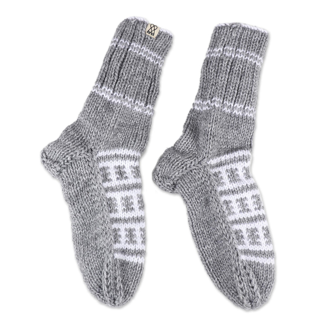 Fair Trade Hand-Knit Thick Slipper Style Grey & White Socks - Himalayan Stars