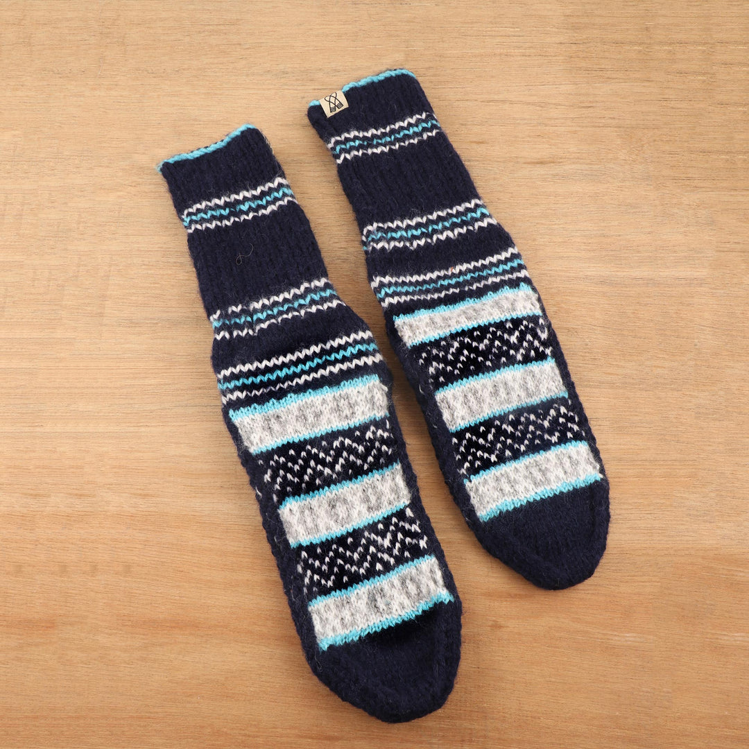 Hand-Knit Midnight Blue Thick Slipper Style Socks from India - Midnight Frost