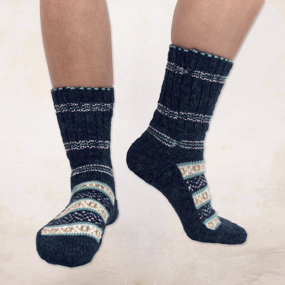 Hand-Knit Midnight Blue Thick Slipper Style Socks from India - Midnight Frost