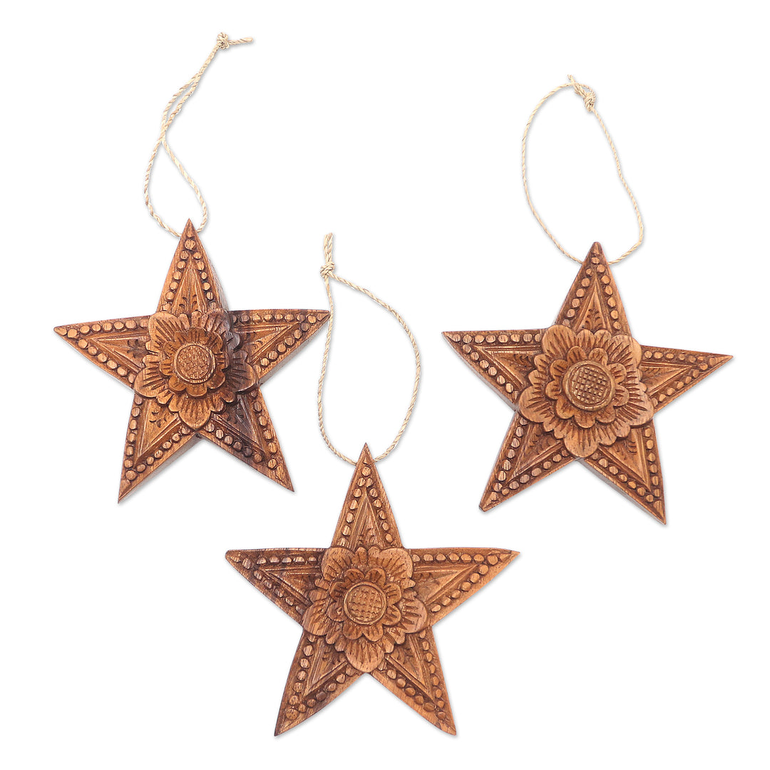 Hand Carved Star-Shaped Holiday Ornaments (Set of 3 - Sunny Christmas