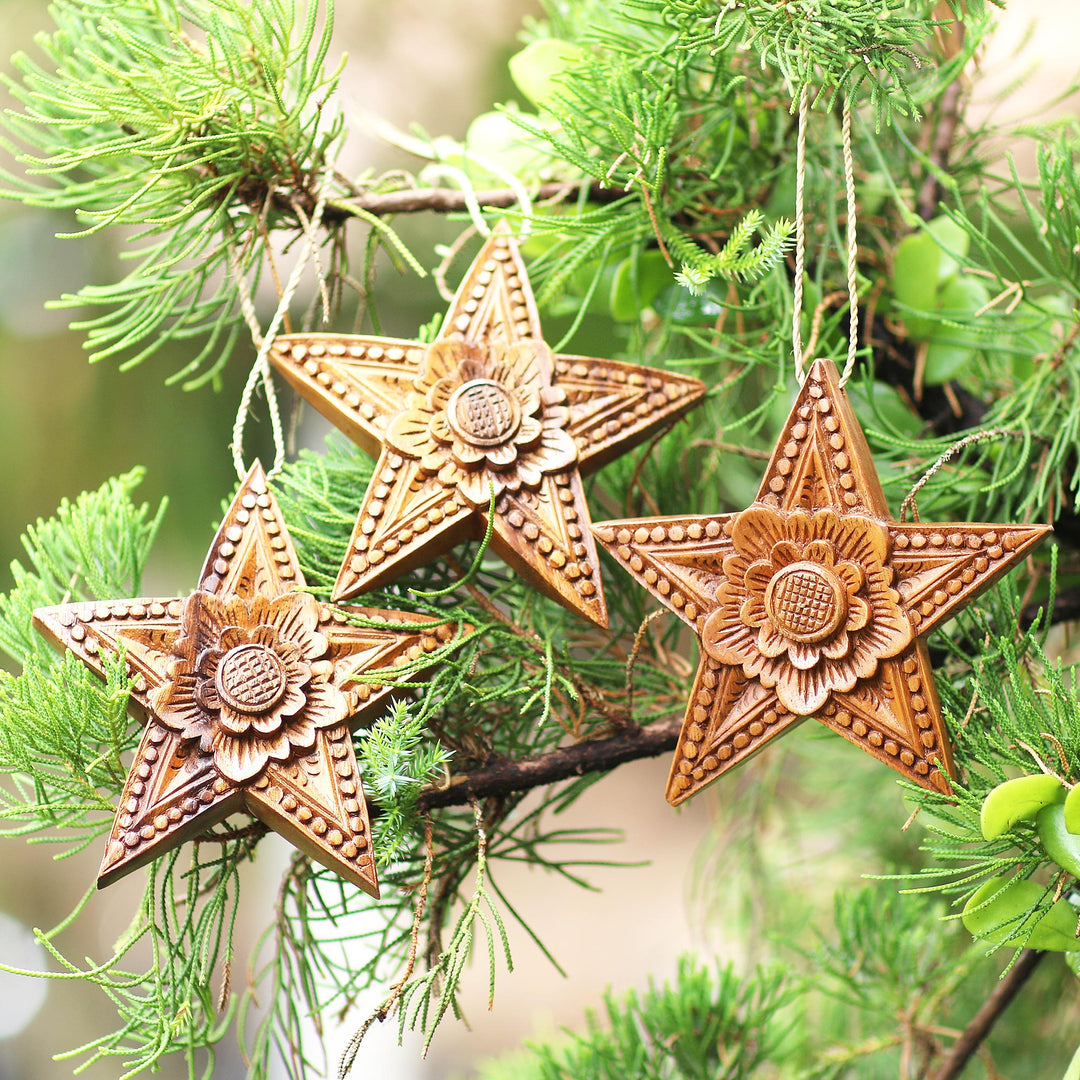 Hand Carved Star-Shaped Holiday Ornaments (Set of 3 - Sunny Christmas