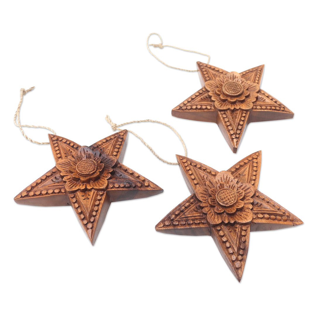 Hand Carved Star-Shaped Holiday Ornaments (Set of 3 - Sunny Christmas