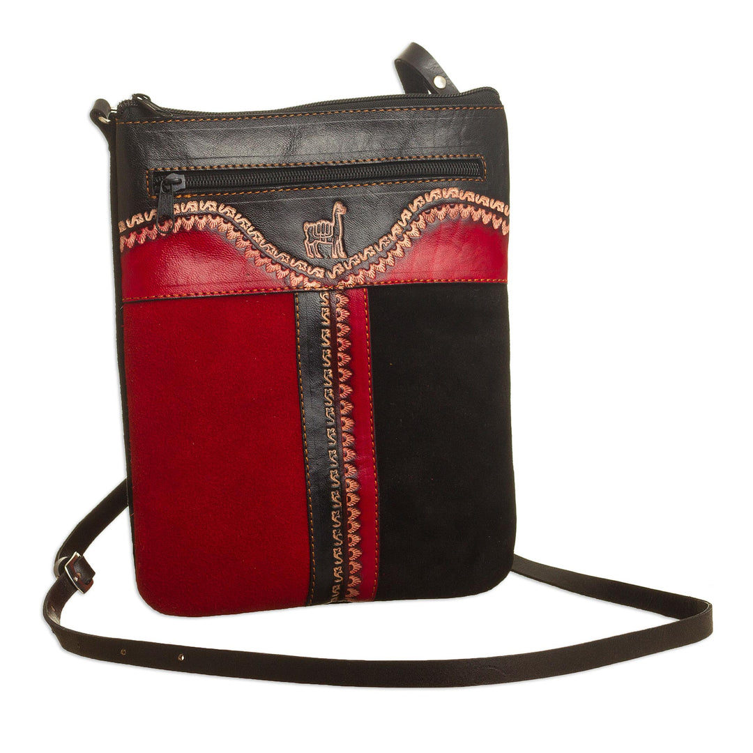 Llama-Themed Red and Black Suede Leather Sling from Peru' - Cusco Llama