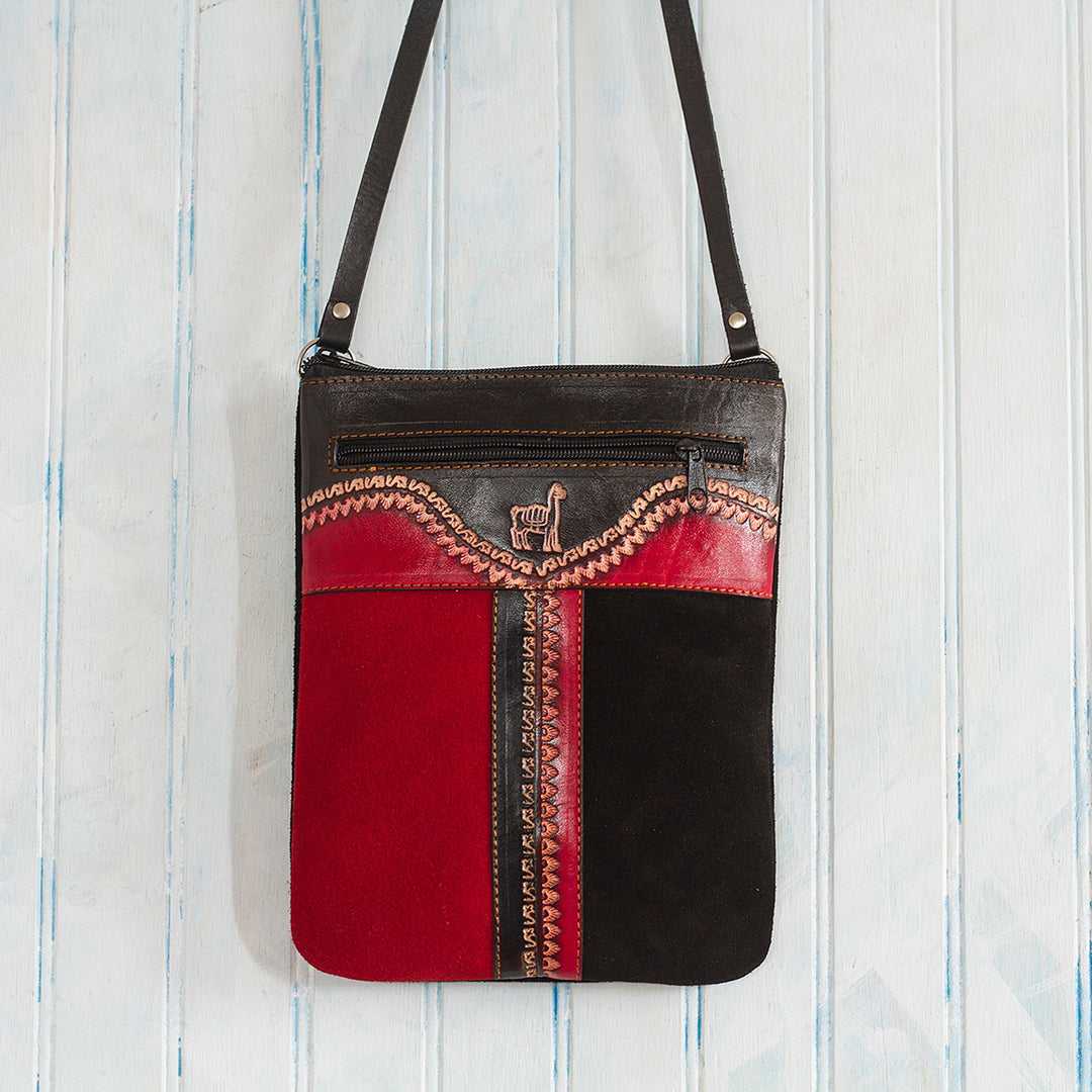 Llama-Themed Red and Black Suede Leather Sling from Peru' - Cusco Llama