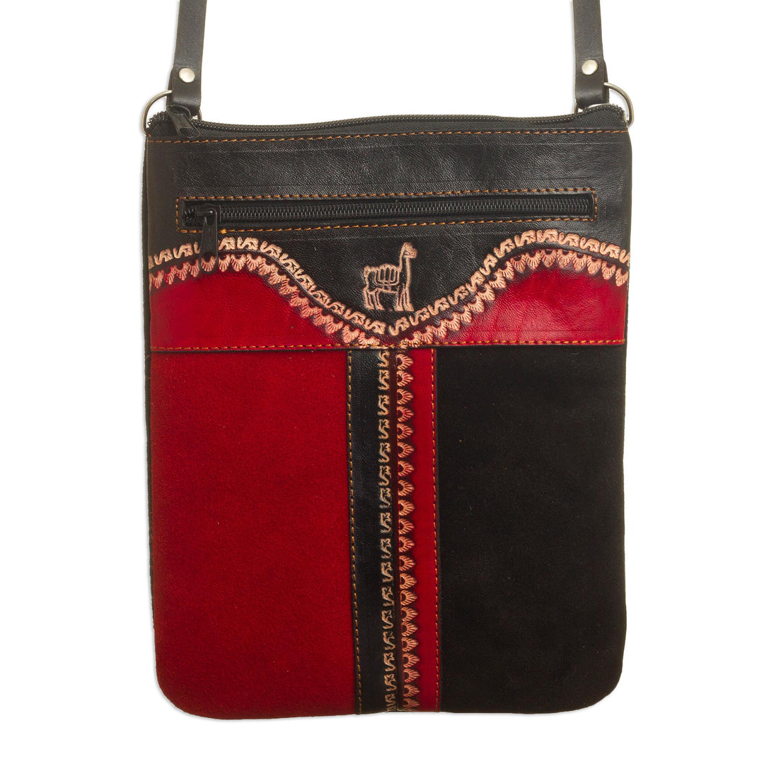 Llama-Themed Red and Black Suede Leather Sling from Peru' - Cusco Llama