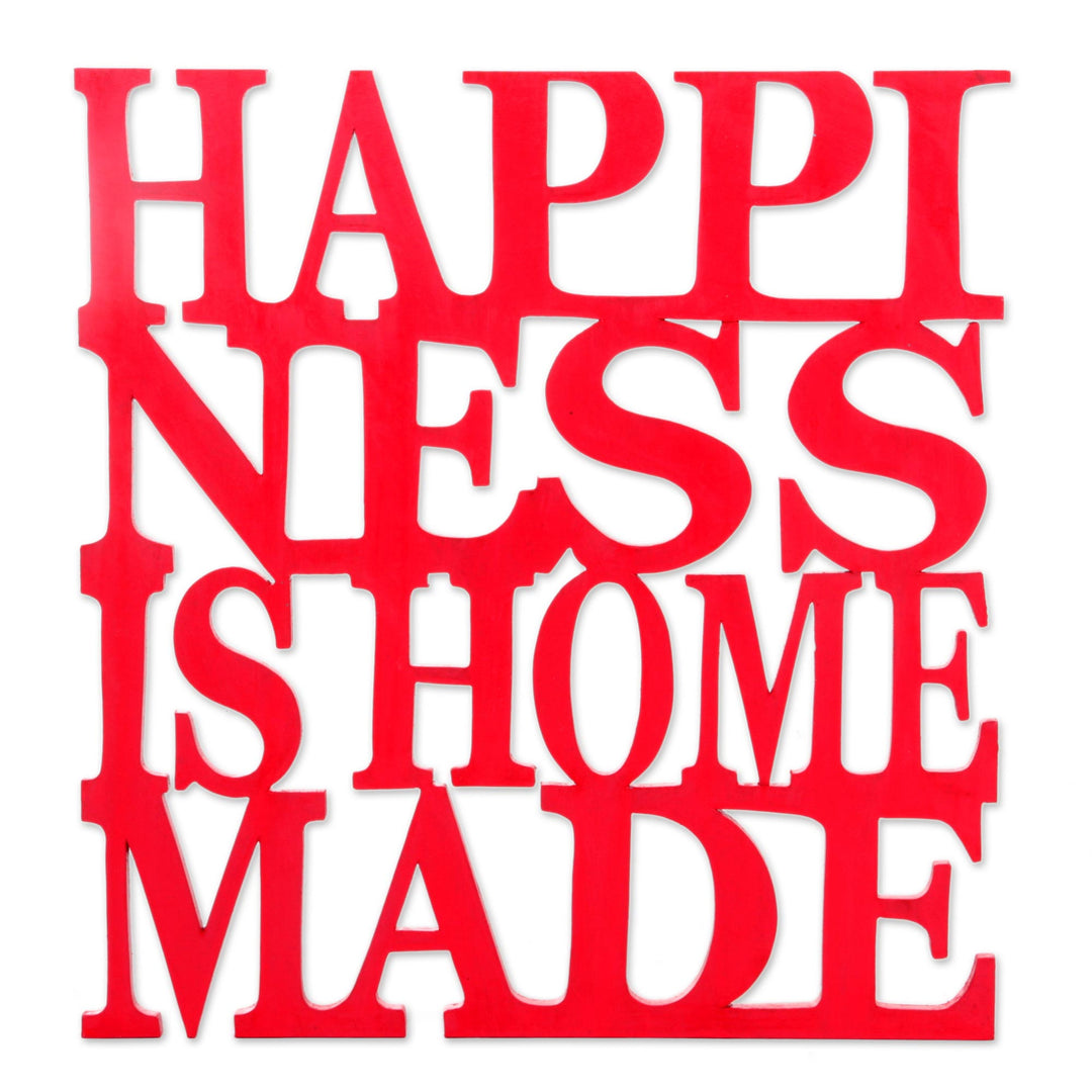Hand Carved Inspirational Wall Art from Indonesia - Happiness is Home Made in Red