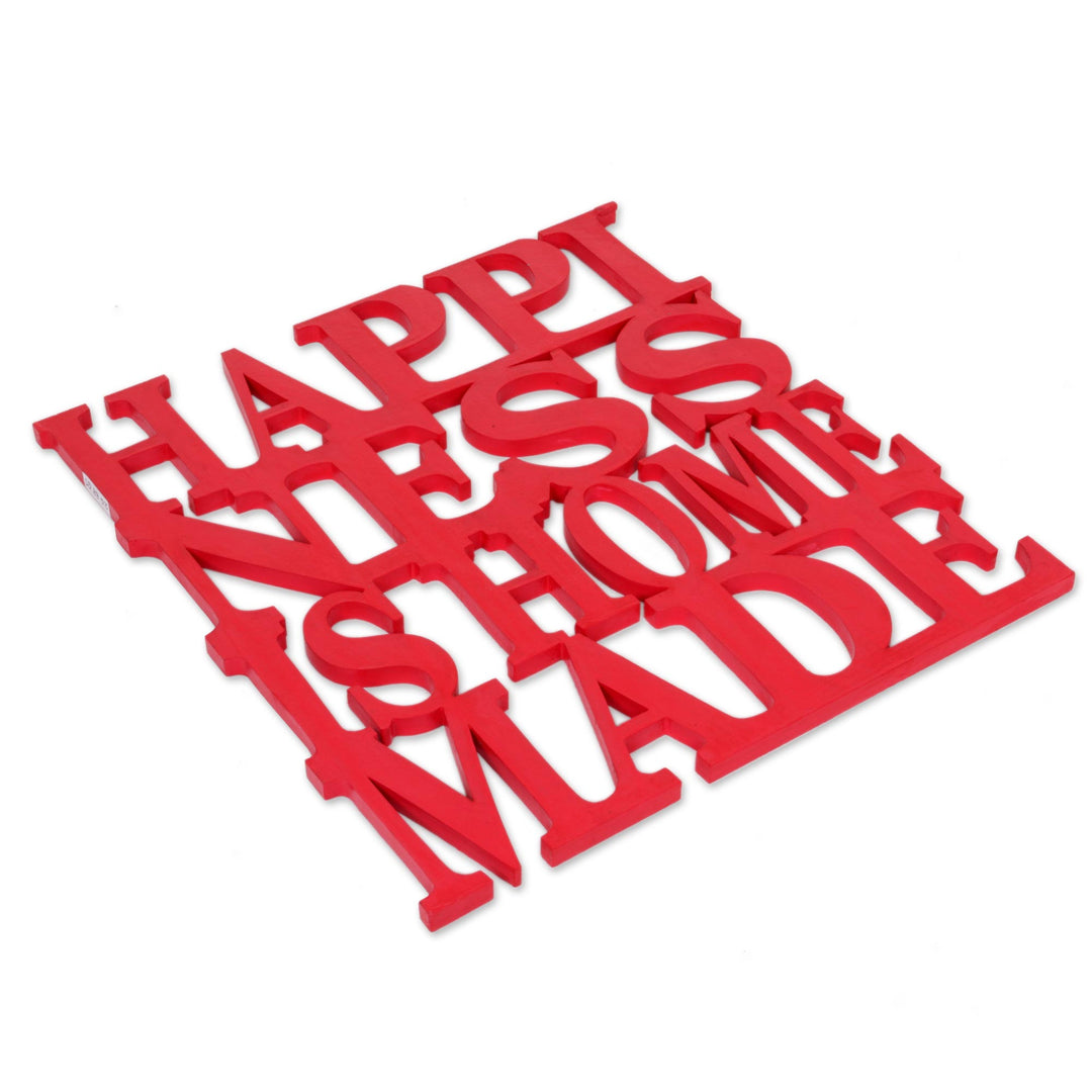 Hand Carved Inspirational Wall Art from Indonesia - Happiness is Home Made in Red