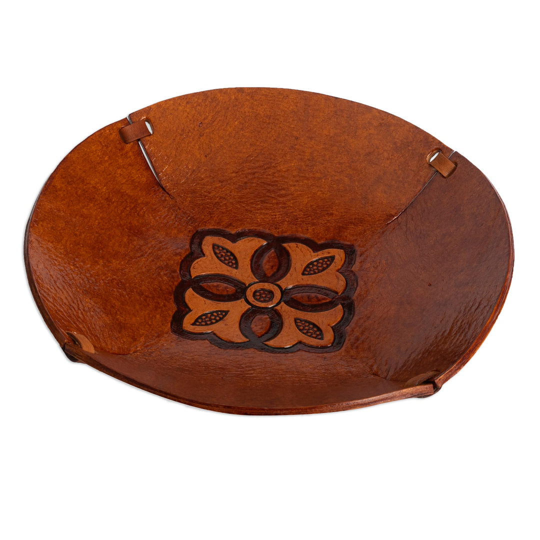 Brown Hand Tooled Leather Catchall Plate from Peru - Colonial Florals